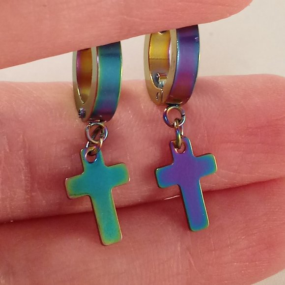 Mens Silver Stainless Steel Mystic Cross Hoop Dangle Earrings 14mm Party Gift - Picture 5 of 6